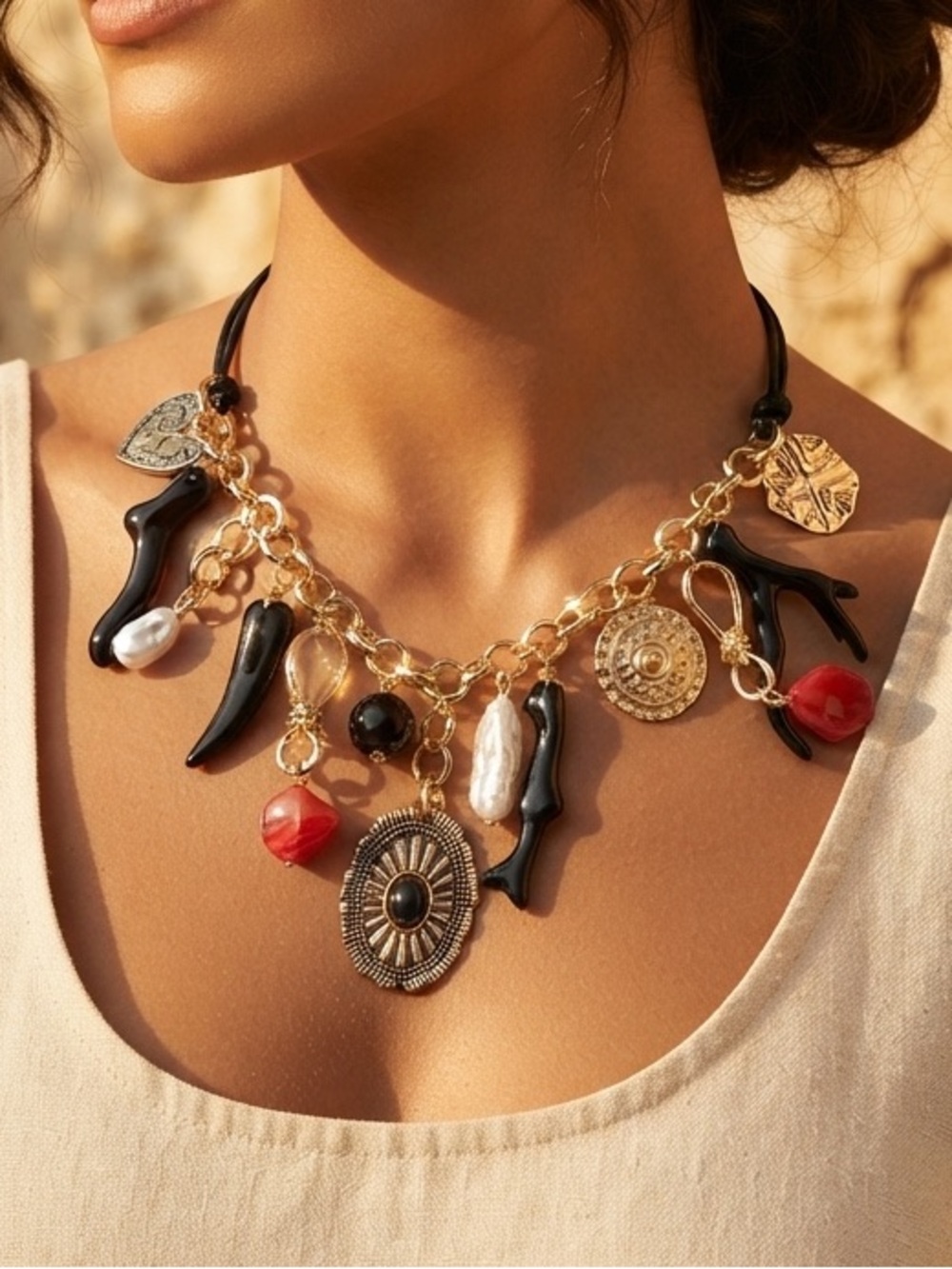✨Artisan Multi-Charm Statement Necklace – Black, Red & Gold-Tone Eclectic Design